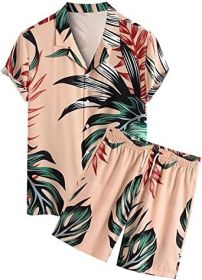Men's 2 Piece Hawaiian Tracksuit Flower Casual Button Down Short Sleeve Shirt and Suits (Color: khaki, size: XL)